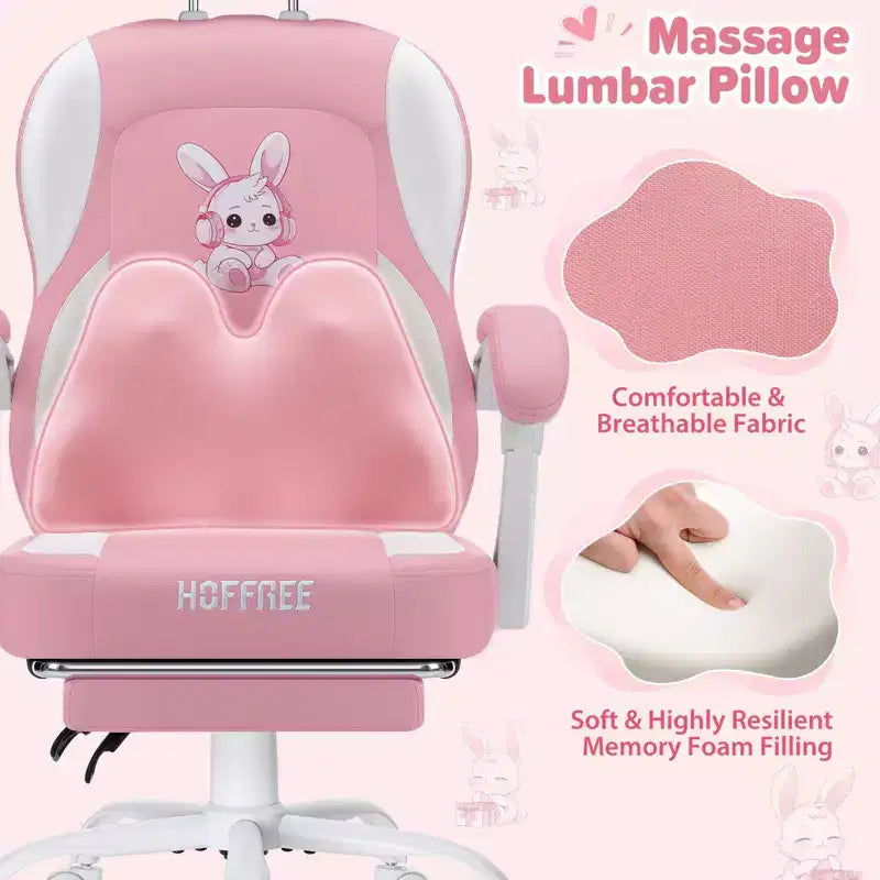 HOFFREE Sedia Gaming per Bambini a Forma di Coniglio con Cuscino Massaggiante e Poggiapiedi, Regolabile ed Ergonomica, Design Carino Kawaii per Età 8-14