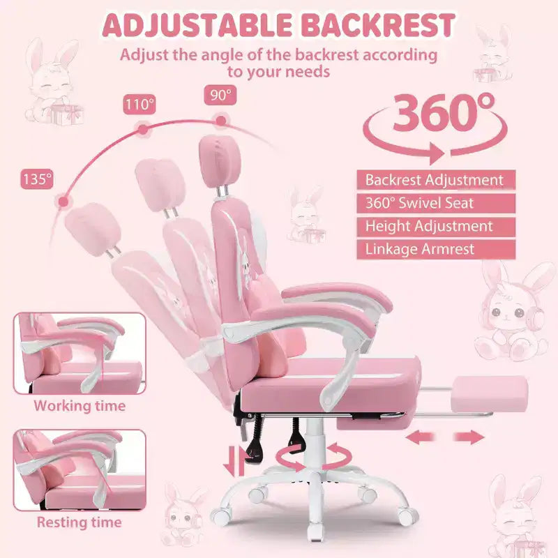 HOFFREE Sedia Gaming per Bambini a Forma di Coniglio con Cuscino Massaggiante e Poggiapiedi, Regolabile ed Ergonomica, Design Carino Kawaii per Età 8-14
