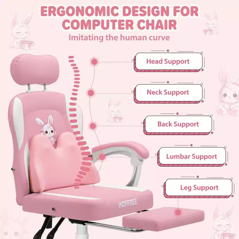 HOFFREE Sedia Gaming per Bambini a Forma di Coniglio con Cuscino Massaggiante e Poggiapiedi, Regolabile ed Ergonomica, Design Carino Kawaii per Età 8-14