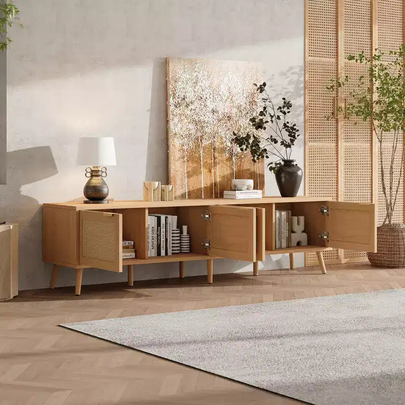 GDFStudio Primo 70 Mobile TV Boho per TV da 80", con ante in rattan e foro passacavo