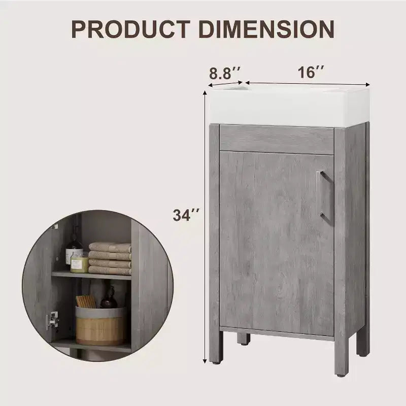 Mobile da bagno 16" con lavabo e anta a chiusura ammortizzata - Armadietto compatto per ripostiglio e bagno piccolo