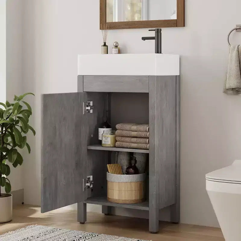 Mobile da bagno 16" con lavabo e anta a chiusura ammortizzata - Armadietto compatto per ripostiglio e bagno piccolo