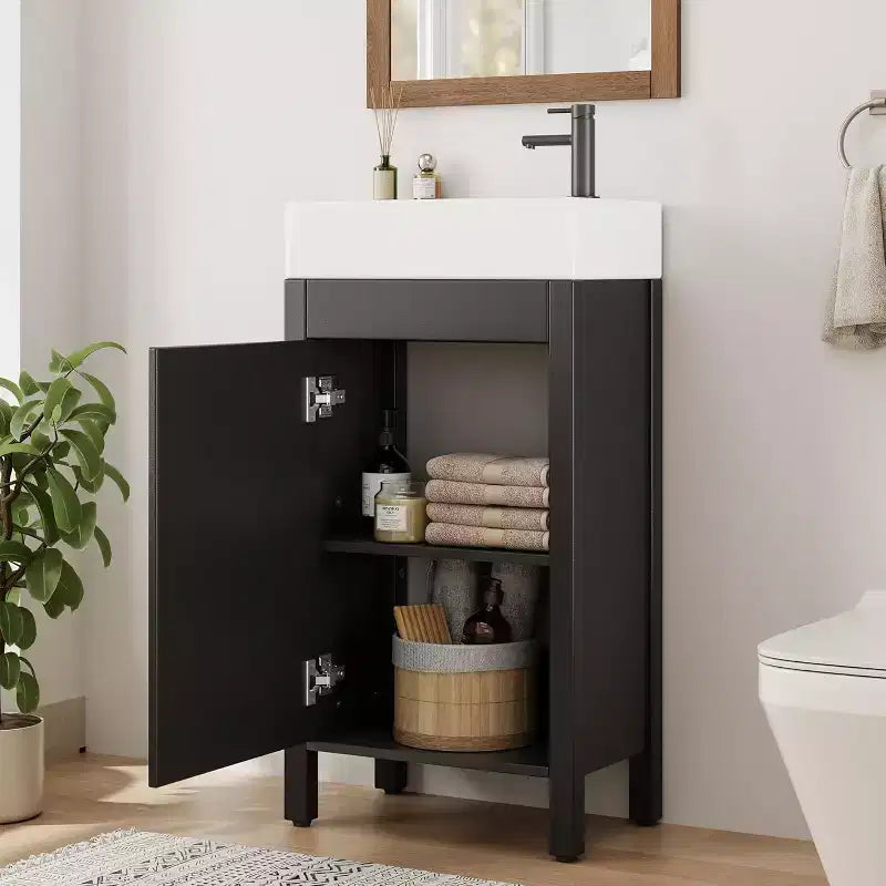 Mobile da bagno 16" con lavabo e anta a chiusura ammortizzata - Armadietto compatto per ripostiglio e bagno piccolo