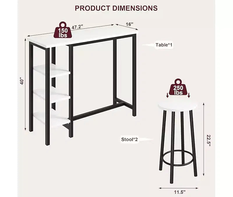 Set tavolo da pranzo altezza bancone con 3 ripiani portaoggetti, 3 pezzi, 120L x 40P x 102A cm, cucina, sala da pranzo