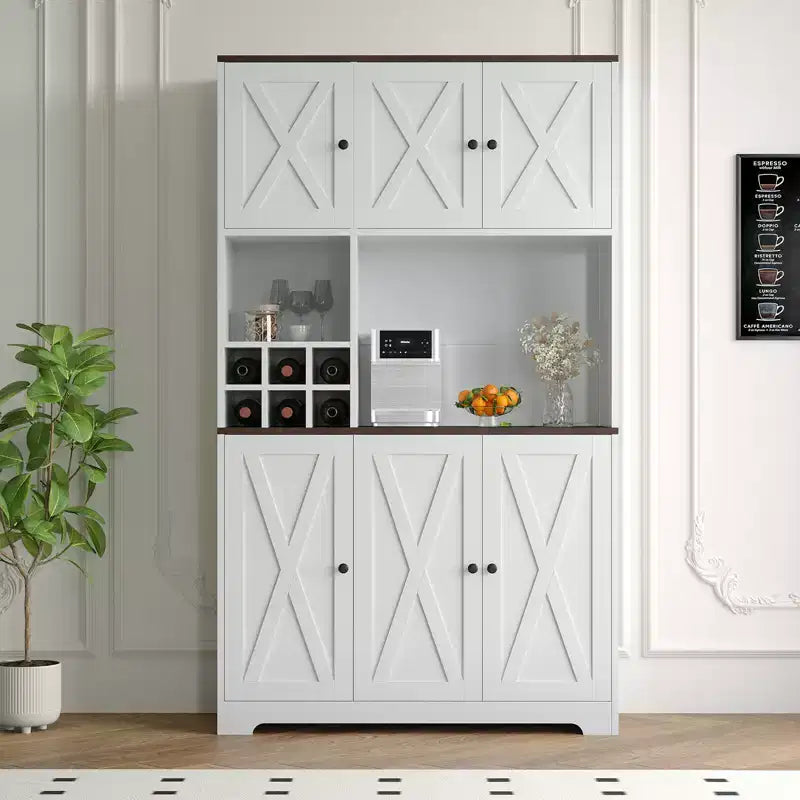 Dispensa da Cucina Bianca Alta 71" con Stazione di Ricarica, Credenza Autoportante Stile Farmhouse con Supporto per Microonde e Cassetti e Mobile Bar per Vini