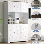 Dispensa da Cucina Bianca Alta 71" con Stazione di Ricarica, Credenza Autoportante Stile Farmhouse con Supporto per Microonde e Cassetti e Mobile Bar per Vini
