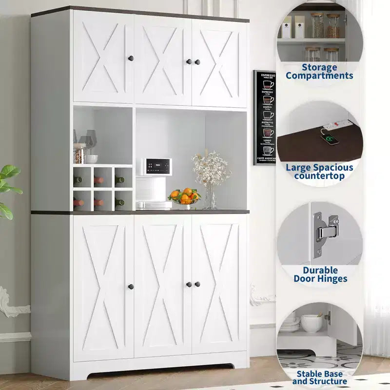 Dispensa da Cucina Bianca Alta 71" con Stazione di Ricarica, Credenza Autoportante Stile Farmhouse con Supporto per Microonde e Cassetti e Mobile Bar per Vini