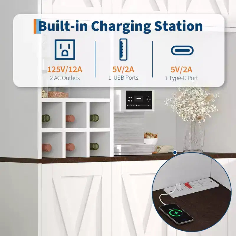 Dispensa da Cucina Bianca Alta 71" con Stazione di Ricarica, Credenza Autoportante Stile Farmhouse con Supporto per Microonde e Cassetti e Mobile Bar per Vini