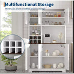 Dispensa da Cucina Bianca Alta 71" con Stazione di Ricarica, Credenza Autoportante Stile Farmhouse con Supporto per Microonde e Cassetti e Mobile Bar per Vini
