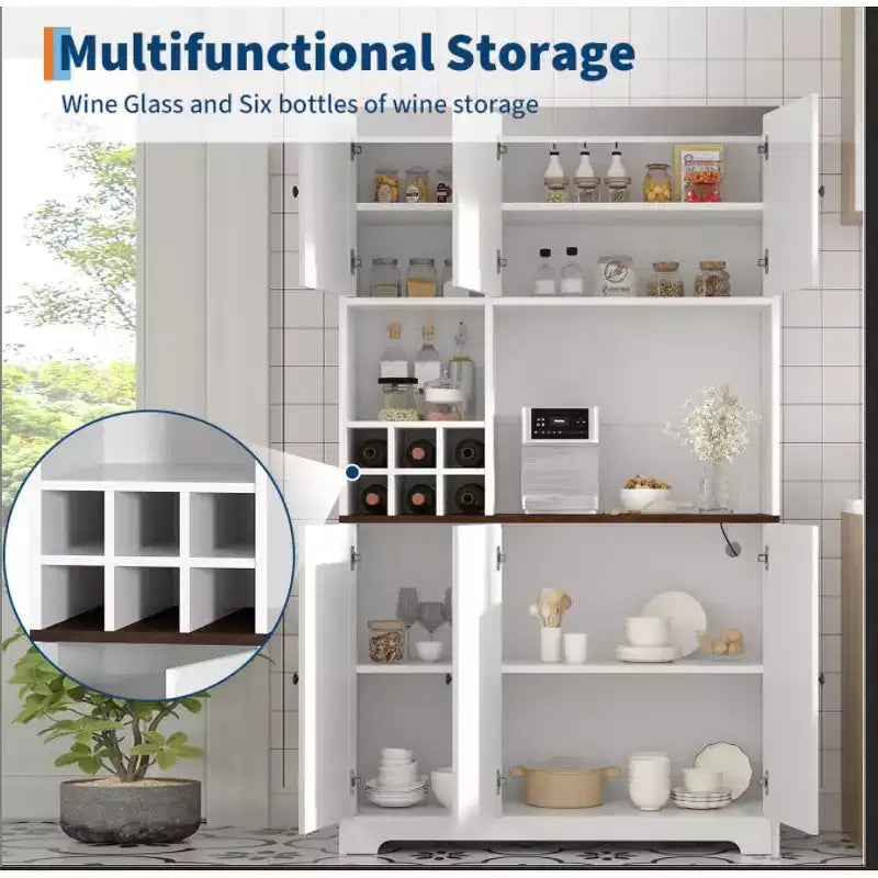 Dispensa da Cucina Bianca Alta 71" con Stazione di Ricarica, Credenza Autoportante Stile Farmhouse con Supporto per Microonde e Cassetti e Mobile Bar per Vini