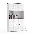 Dispensa da Cucina Bianca Alta 71" con Stazione di Ricarica, Credenza Autoportante Stile Farmhouse con Supporto per Microonde e Cassetti e Mobile Bar per Vini