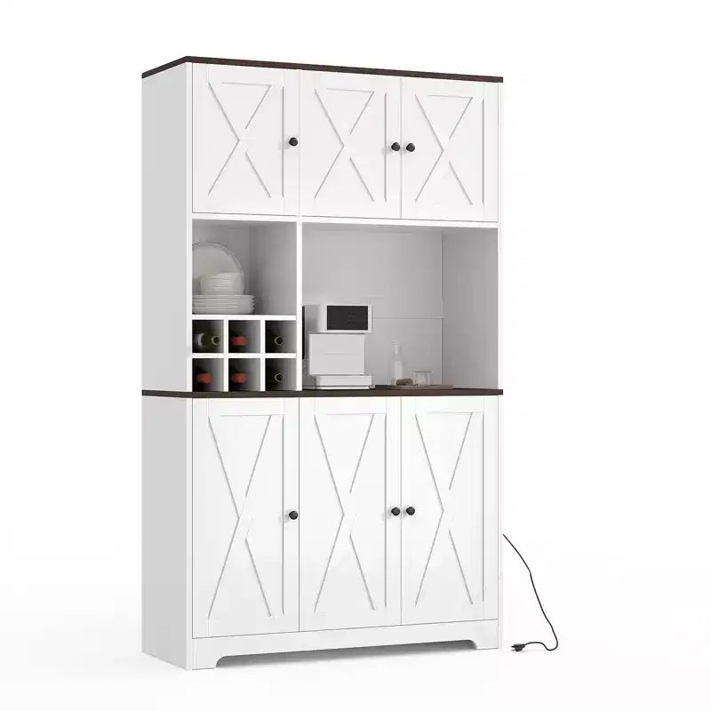 Dispensa da Cucina Bianca Alta 71" con Stazione di Ricarica, Credenza Autoportante Stile Farmhouse con Supporto per Microonde e Cassetti e Mobile Bar per Vini
