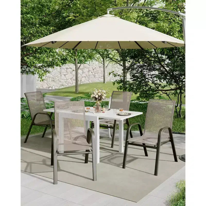Set di 4 sedie da pranzo impilabili da esterno, sedie da patio con schienale alto in tessuto Textilene, telaio in metallo resistente alle intemperie per terrazza, prato, giardino, grigio