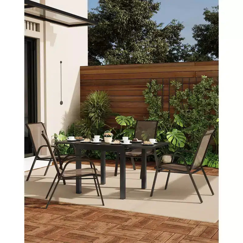 Set di 4 sedie da pranzo impilabili da esterno, sedie da patio con schienale alto in tessuto Textilene, telaio in metallo resistente alle intemperie per terrazza, prato, giardino, grigio