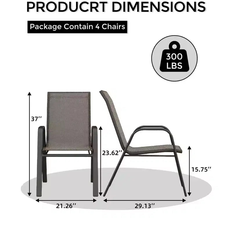Set di 4 sedie da pranzo impilabili da esterno, sedie da patio con schienale alto in tessuto Textilene, telaio in metallo resistente alle intemperie per terrazza, prato, giardino, grigio