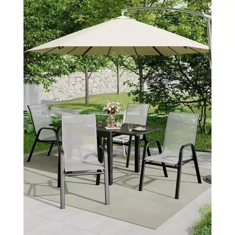 Set di 4 sedie da pranzo impilabili da esterno, sedie da patio con schienale alto in tessuto Textilene, telaio in metallo resistente alle intemperie per terrazza, prato, giardino, grigio
