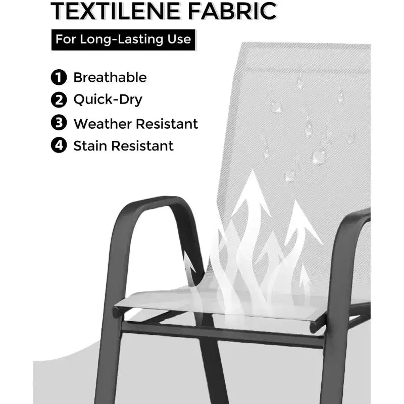 Set di 4 sedie da pranzo impilabili da esterno, sedie da patio con schienale alto in tessuto Textilene, telaio in metallo resistente alle intemperie per terrazza, prato, giardino, grigio
