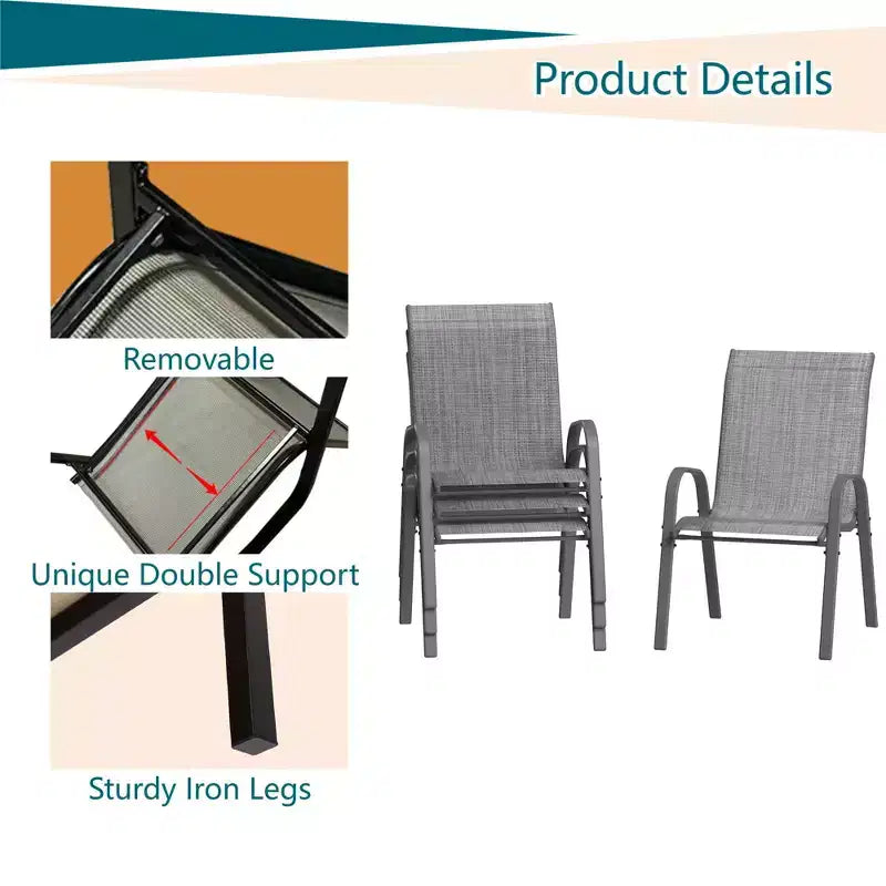 Set di 4 sedie da pranzo impilabili da esterno, sedie da patio con schienale alto in tessuto Textilene, telaio in metallo resistente alle intemperie per terrazza, prato, giardino, grigio