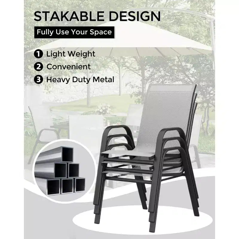 Set di 4 sedie da pranzo impilabili da esterno, sedie da patio con schienale alto in tessuto Textilene, telaio in metallo resistente alle intemperie per terrazza, prato, giardino, grigio