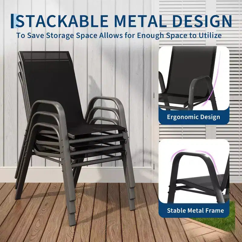 Set di 4 sedie da pranzo impilabili da esterno, sedie da patio con schienale alto in tessuto Textilene, telaio in metallo resistente alle intemperie per terrazza, prato, giardino, grigio