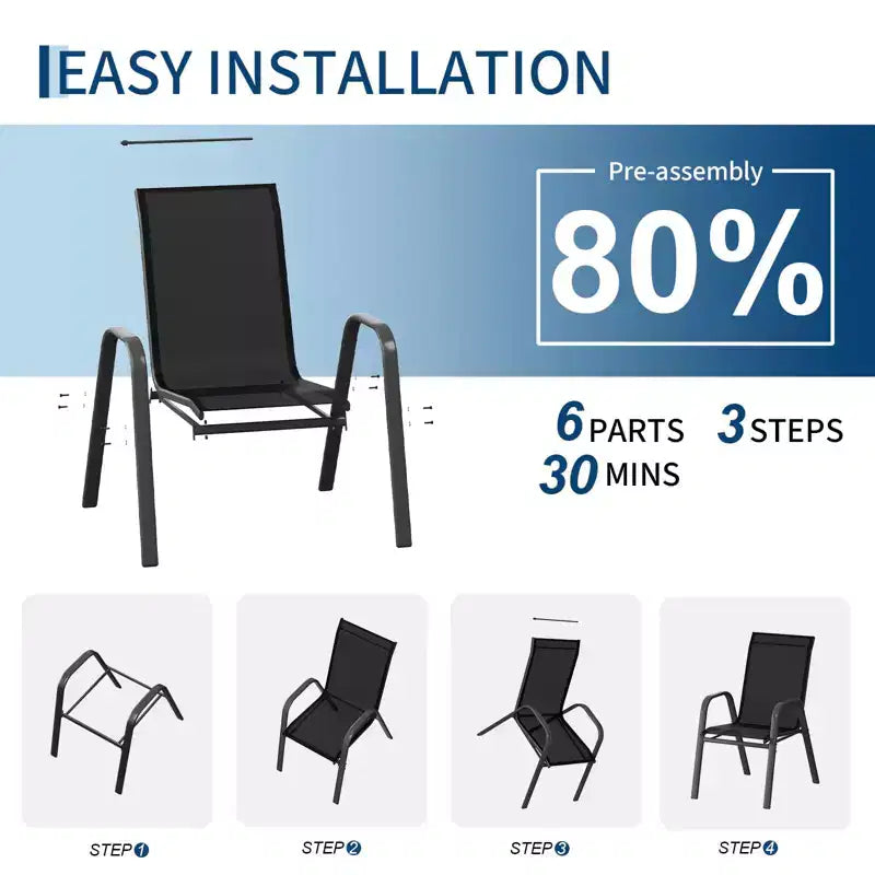 Set di 4 sedie da pranzo impilabili da esterno, sedie da patio con schienale alto in tessuto Textilene, telaio in metallo resistente alle intemperie per terrazza, prato, giardino, grigio