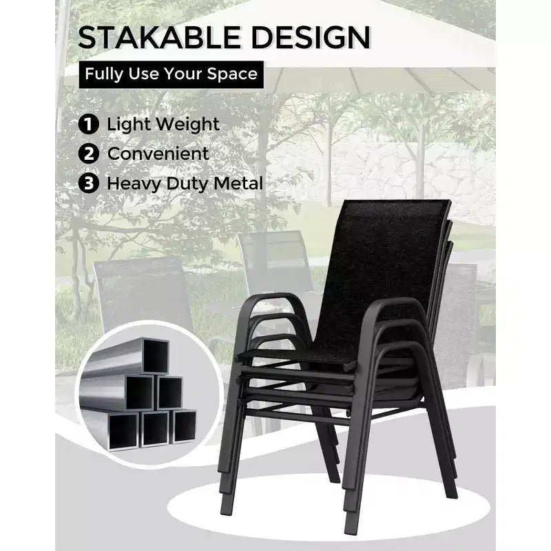 Set di 4 sedie da pranzo impilabili da esterno, sedie da patio con schienale alto in tessuto Textilene, telaio in metallo resistente alle intemperie per terrazza, prato, giardino, grigio