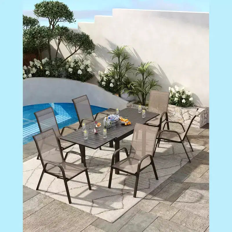 Set di 4 sedie da pranzo impilabili da esterno, sedie da patio con schienale alto in tessuto Textilene, telaio in metallo resistente alle intemperie per terrazza, prato, giardino, grigio