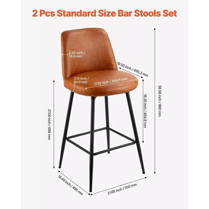Set di 2 sgabelli da bar, altezza bancone 68,5 cm, girevoli, in pelle PU con schienale e gambe in metallo, marroni