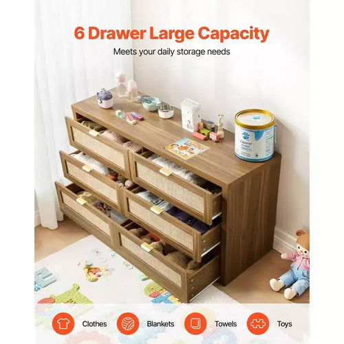 Cassettiera doppia a 6 cassetti in rattan con maniglie in metallo, mobile contenitore per camera da letto, noce