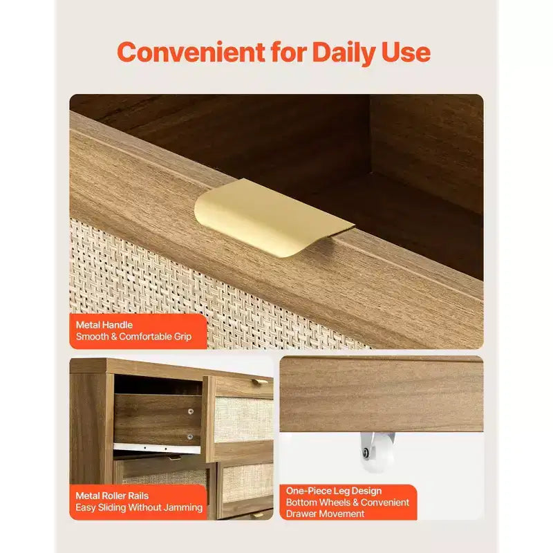 Cassettiera doppia a 6 cassetti in rattan con maniglie in metallo, mobile contenitore per camera da letto, noce