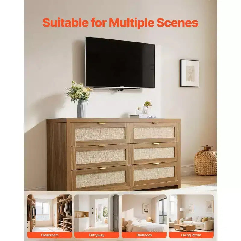 Cassettiera doppia a 6 cassetti in rattan con maniglie in metallo, mobile contenitore per camera da letto, noce