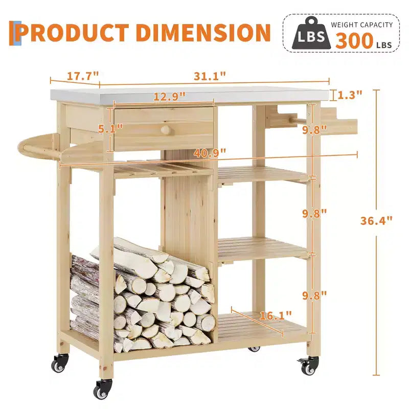 Carrello da esterni per barbecue per patio, giardino, con robusto telaio in legno, ripiano in acciaio inossidabile, cassetto portaoggetti, ripiani aperti, isola cucina su ruote con portasciugamani