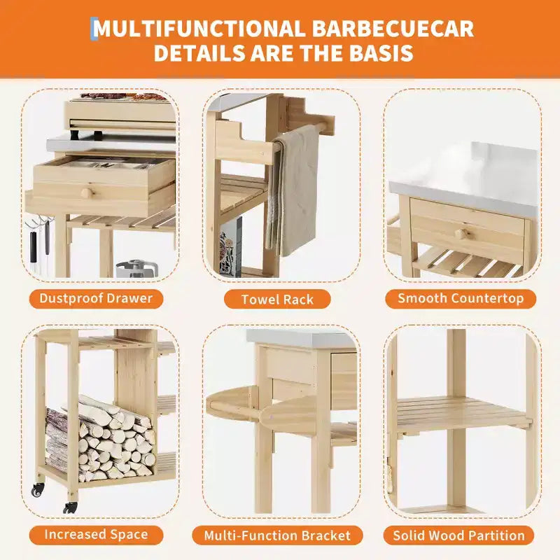 Carrello da esterni per barbecue per patio, giardino, con robusto telaio in legno, ripiano in acciaio inossidabile, cassetto portaoggetti, ripiani aperti, isola cucina su ruote con portasciugamani