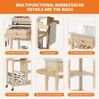 Carrello da esterni per barbecue per patio, giardino, con robusto telaio in legno, ripiano in acciaio inossidabile, cassetto portaoggetti, ripiani aperti, isola cucina su ruote con portasciugamani