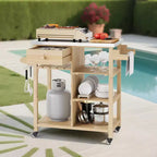 Carrello da esterni per barbecue per patio, giardino, con robusto telaio in legno, ripiano in acciaio inossidabile, cassetto portaoggetti, ripiani aperti, isola cucina su ruote con portasciugamani