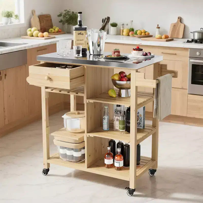 Carrello da esterni per barbecue per patio, giardino, con robusto telaio in legno, ripiano in acciaio inossidabile, cassetto portaoggetti, ripiani aperti, isola cucina su ruote con portasciugamani