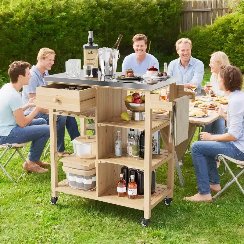 Carrello da esterni per barbecue per patio, giardino, con robusto telaio in legno, ripiano in acciaio inossidabile, cassetto portaoggetti, ripiani aperti, isola cucina su ruote con portasciugamani