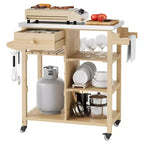 Carrello da esterni per barbecue per patio, giardino, con robusto telaio in legno, ripiano in acciaio inossidabile, cassetto portaoggetti, ripiani aperti, isola cucina su ruote con portasciugamani