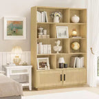 Scaffale a 5 livelli in rattan con armadietto e anta, libreria alta industriale con contenitore, libreria a 5 ripiani per soggiorno, camera da letto