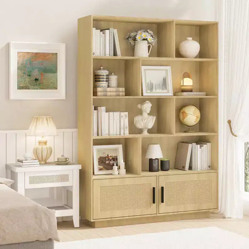 Scaffale a 5 livelli in rattan con armadietto e anta, libreria alta industriale con contenitore, libreria a 5 ripiani per soggiorno, camera da letto