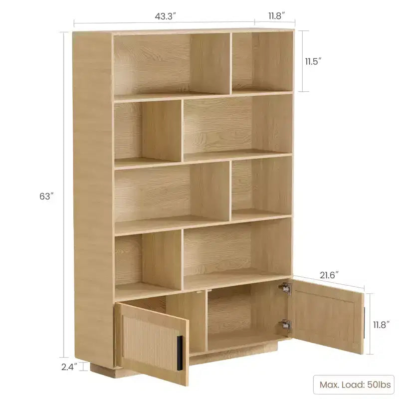 Scaffale a 5 livelli in rattan con armadietto e anta, libreria alta industriale con contenitore, libreria a 5 ripiani per soggiorno, camera da letto