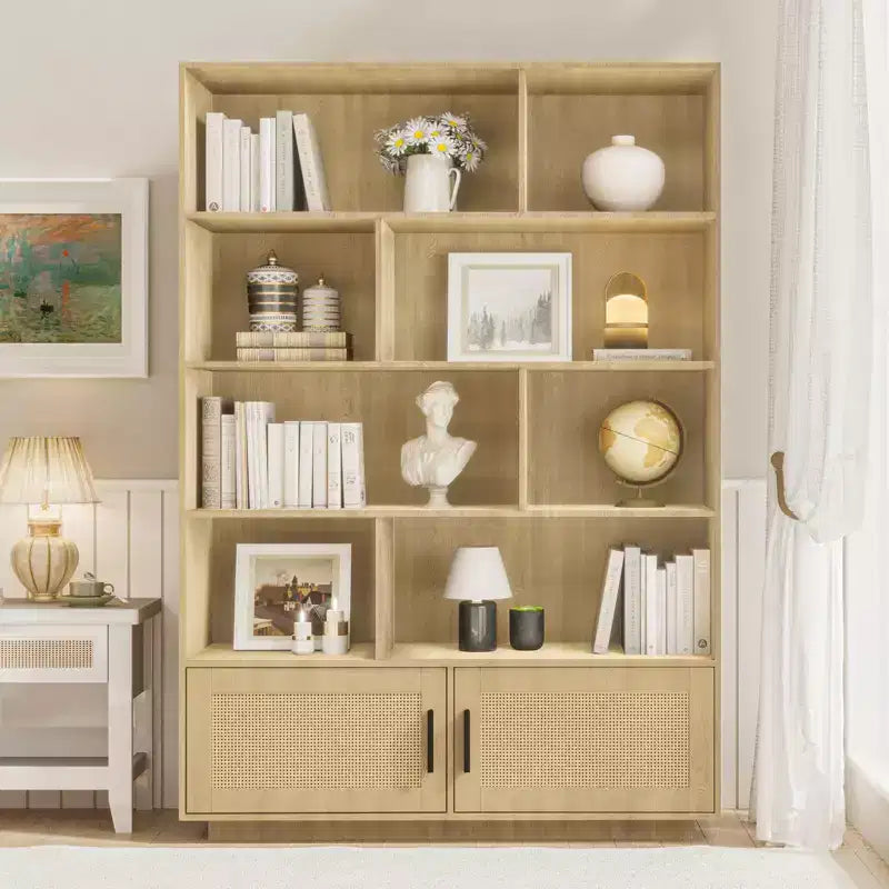 Scaffale a 5 livelli in rattan con armadietto e anta, libreria alta industriale con contenitore, libreria a 5 ripiani per soggiorno, camera da letto