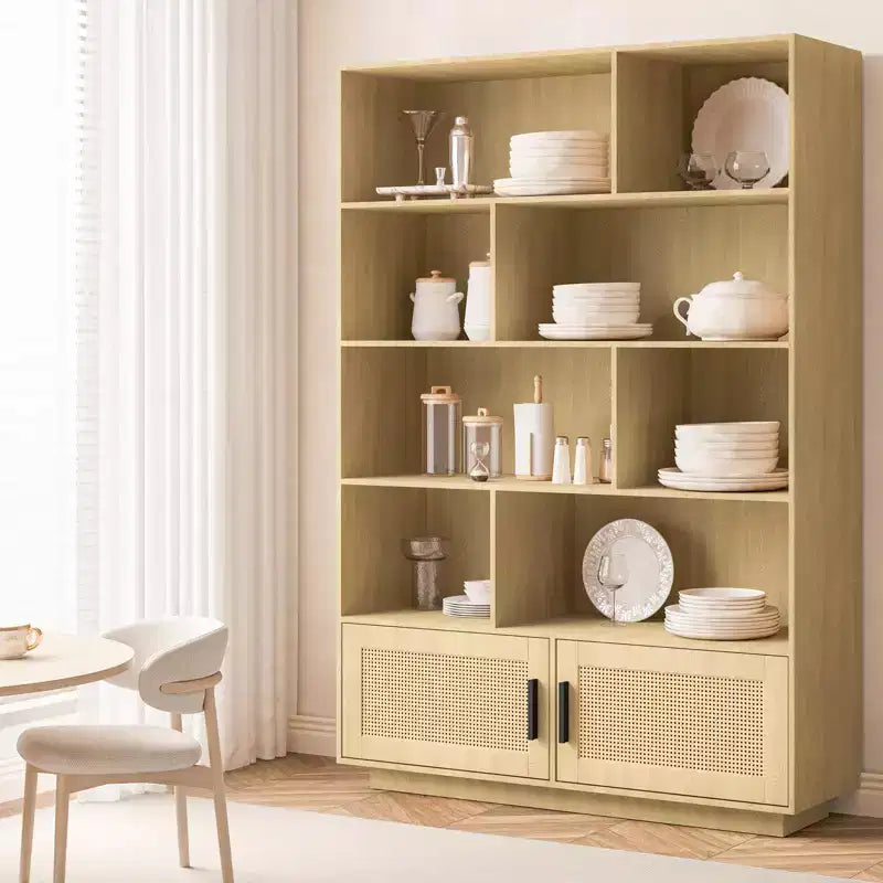 Scaffale a 5 livelli in rattan con armadietto e anta, libreria alta industriale con contenitore, libreria a 5 ripiani per soggiorno, camera da letto