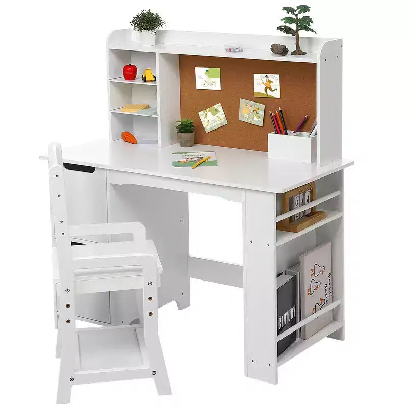 Set Scrivania e Toeletta per Bambini - Tavolo Bianco con Sedia, Libreria, Specchio, Cassettiere e Bacheca per Bambini di 3+ Anni