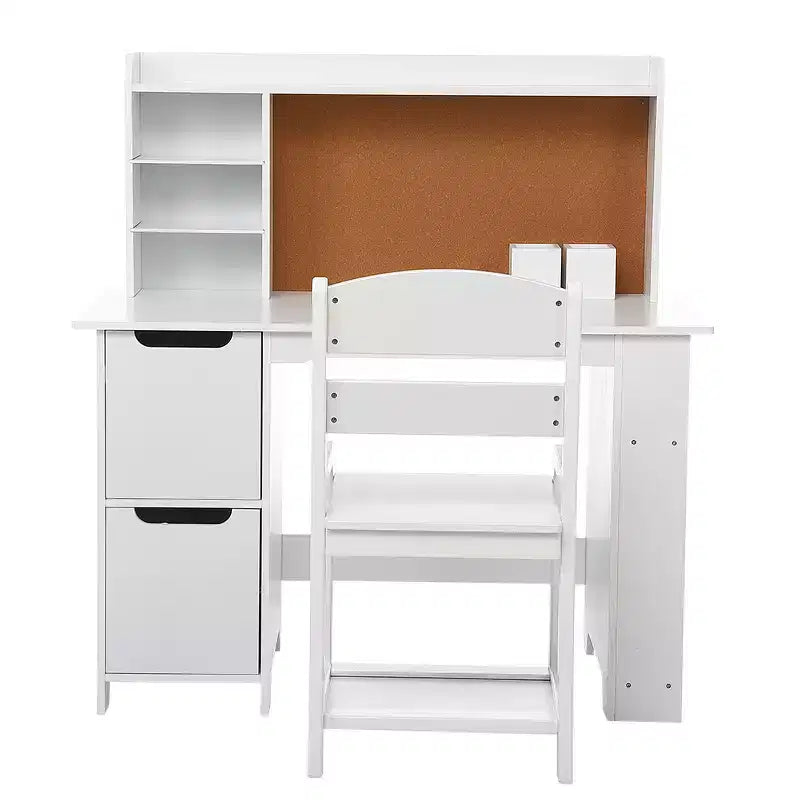 Set Scrivania e Toeletta per Bambini - Tavolo Bianco con Sedia, Libreria, Specchio, Cassettiere e Bacheca per Bambini di 3+ Anni