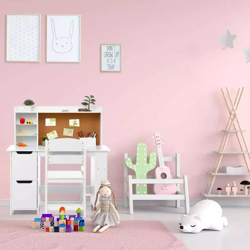 Set Scrivania e Toeletta per Bambini - Tavolo Bianco con Sedia, Libreria, Specchio, Cassettiere e Bacheca per Bambini di 3+ Anni