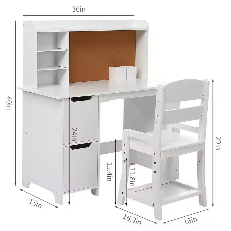 Set Scrivania e Toeletta per Bambini - Tavolo Bianco con Sedia, Libreria, Specchio, Cassettiere e Bacheca per Bambini di 3+ Anni