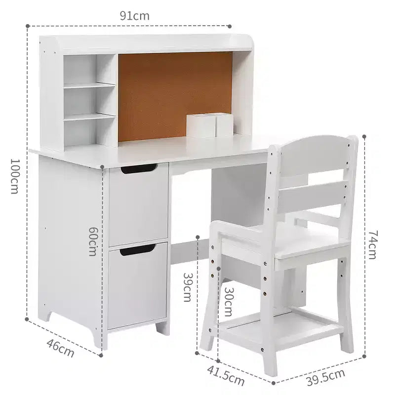 Set Scrivania e Toeletta per Bambini - Tavolo Bianco con Sedia, Libreria, Specchio, Cassettiere e Bacheca per Bambini di 3+ Anni