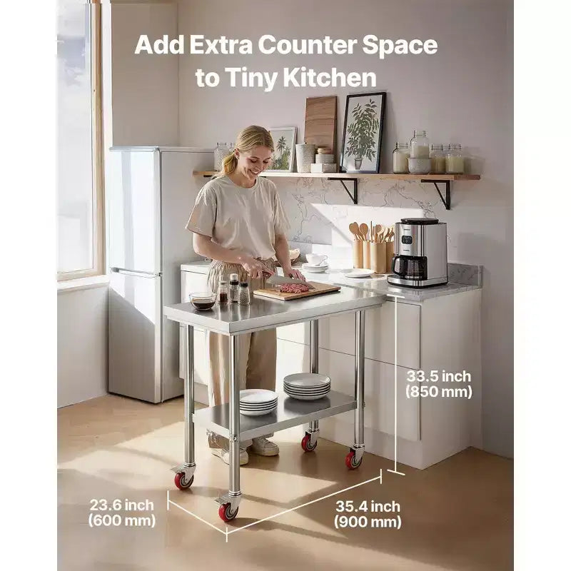Tavolo da preparazione in acciaio inossidabile 24 x 35 con ruote e ripiano inferiore regolabile per cucina