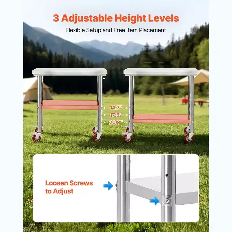 Tavolo da preparazione in acciaio inossidabile 24 x 35 con ruote e ripiano inferiore regolabile per cucina